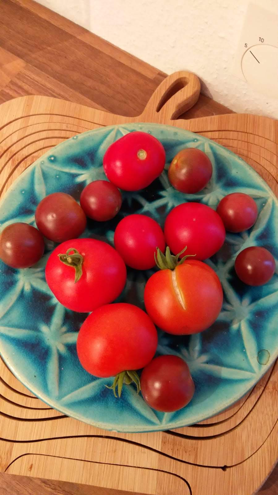 Tomatoes gathered on a blue plate