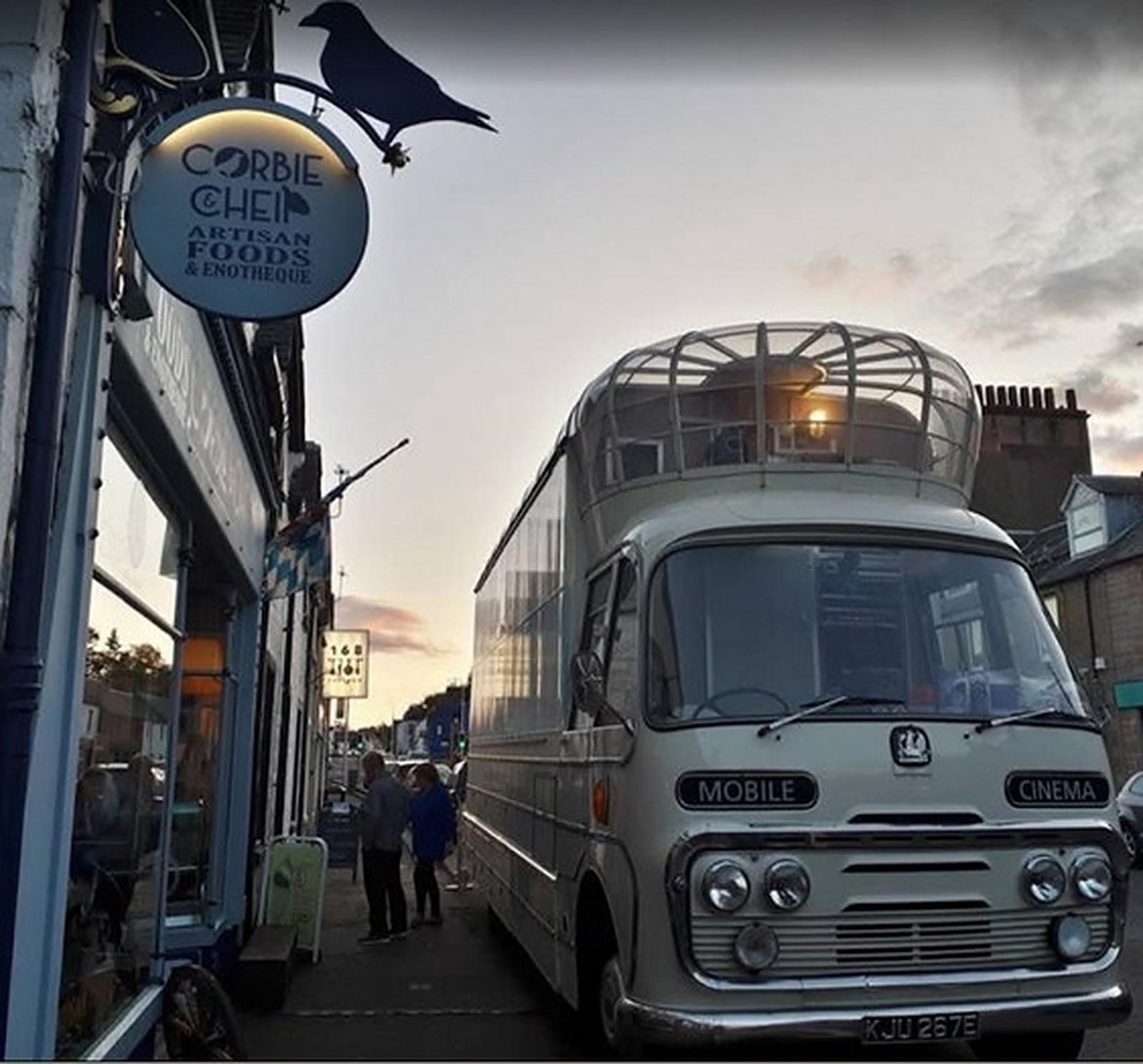 Audrey, the vintage mobile cinema, outside the shop